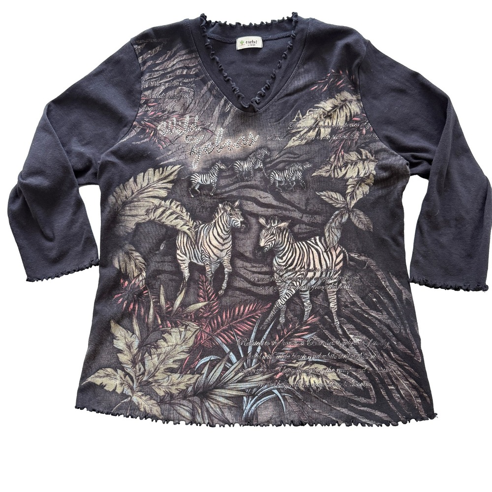 Cactus Women Black Zebra Safari Graphic Rhinestone Lettuce Edge Top XL